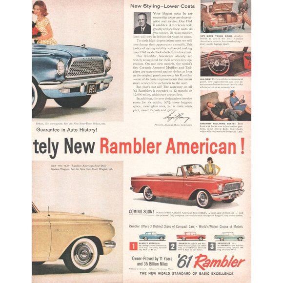 1961 AMC Rambler American Custom 2 Door 2 Page Vintage Print Ad Roes Flowers Art - Picture 3 of 3